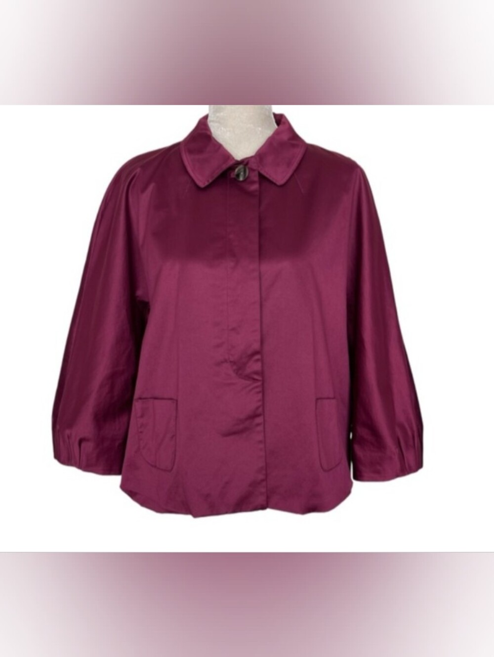 J. Jill Swing Satin Coat Jacket Size L Bubble Sleeve Pleated Back Burgundy Fall